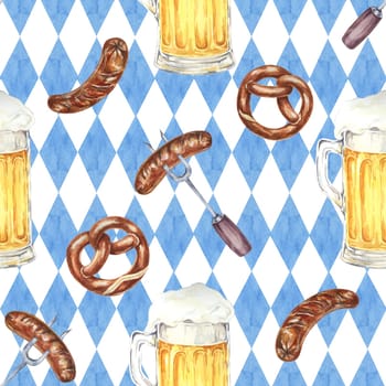 Beer mugs, pretzels, and sausages on Bavarian flag background. Watercolor seamless pattern Ideal for party supplies, event invitations, and Oktoberfest-themed merchandise and decorations