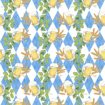 Beer mugs, barley spikes, and green hops on bavarian flag backdrop. Watercolor seamless pattern perfect for eco-friendly packaging, Oktoberfest decor, product branding, and nature-inspired designs.