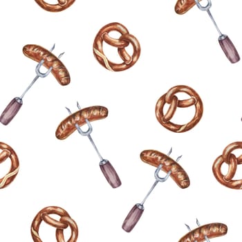 Seamless watercolor pattern with pretzels and grilled sausages. Ideal for party invitations, festive tablecloths, themed merchandise, and event decorations for Oktoberfest celebrations.