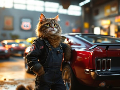 Anthropomorphic cat wearing mechanic uniform posing with hands in pockets next to a red classic Ford Mustang in a garage. Ai generated