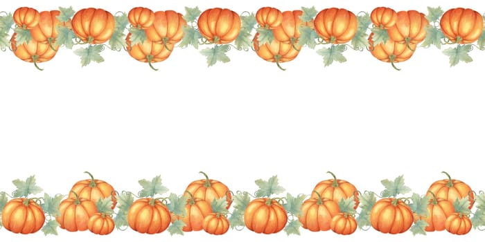 Pumpkin seamless border clipart depicts rows of orange pumpkins with watercolor leaves, ideal for enhancing fall-themed projects. Use this clipart for stationery, gift wrap, and digital backgrounds