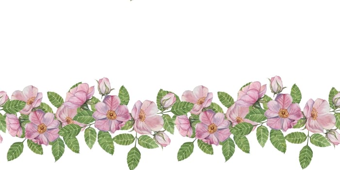 Wild rose seamless border features delicate pink blossoms with lush green leaves in watercolor. Rosehip clipart for adding a floral touch to your designs, invitations, stationery, and fabric prints