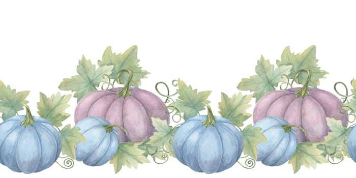 Pumpkin seamless border clipart presents a mix of blue and purple pumpkins with green leaves in watercolor, perfect for distinctive autumn designs. Ideal for printables, event decor, and packaging