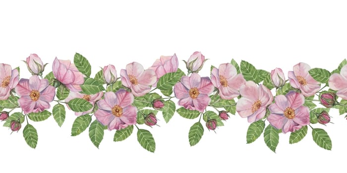 Wild rose seamless border with rows of pink blossoms and lush green leaves in watercolor, perfect for enhancing your floral-themed projects. Clipart for banners, wrapping paper, and home decor
