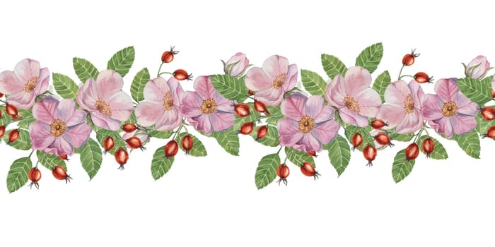Wild rose seamless border showcases a mix of pink flowers and rosehips with green leaves in watercolor. Clipart for adding a natural touch to your designs, greeting cards, invitations, and event decor