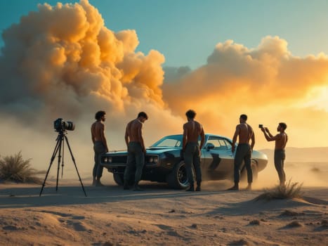 Five male models in their twenties and thirties posing with a vintage Dodge Charger in a desert, facing an approaching sandstorm at sunset while being filmed. Ai generated