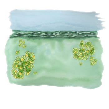 Green algae watercolor clipart depicting Chlorella clusters in a light blue and green water, perfect for eco-friendly designs. Ideal for educational materials, wellness branding, superfood blogging