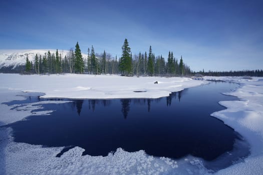 beautiful arctic winter landscape with snowy forest and frozen lake, very cold climate,