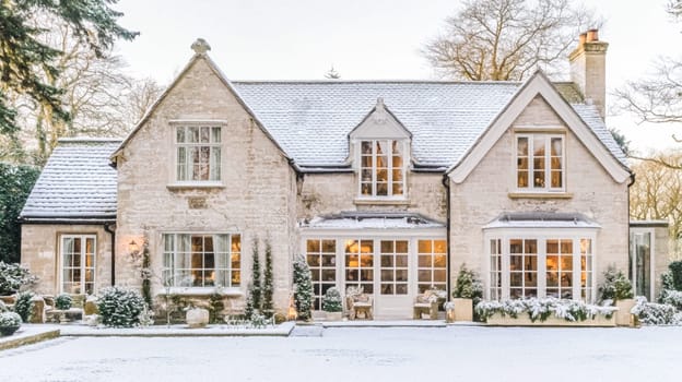 Snow covered English countryside manor house, classic architecture, winter scene with trees and gardens, elegant and peaceful atmosphere in a traditional home idea