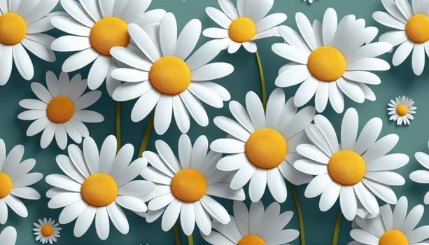 A vibrant arrangement of white daisies with soft yellow centers is showcased against a calming teal backdrop, evoking a fresh and lively spring atmosphere.