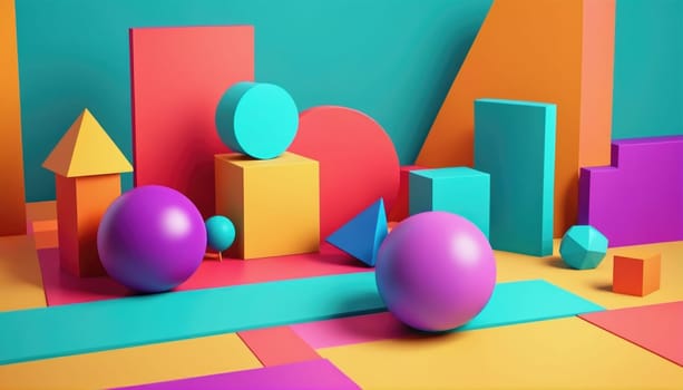 Brightly colored geometric shapes in a playful arrangement create an abstract composition. The scene features spheres, cubes, cones, and pyramids in bold hues against a colorful background.