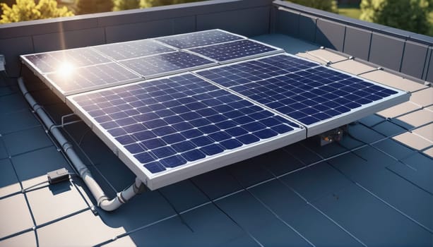 Solar panels are mounted on a sloped rooftop, capturing sunlight for renewable energy generation. This installation showcases modern green technology in an urban setting.
