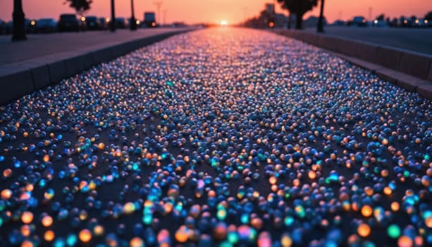 A vibrant display of scattered marbles decorates the road, reflecting hues of orange and blue as the sun sets, creating a captivating scene in an urban environment.
