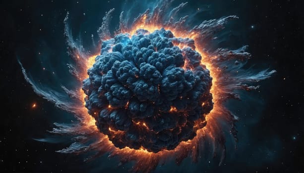 A vibrant explosion illuminates the dark vastness of space, with fiery orange and deep blue clouds swirling dramatically. This cosmic event captures the beauty of astronomical forces at play.