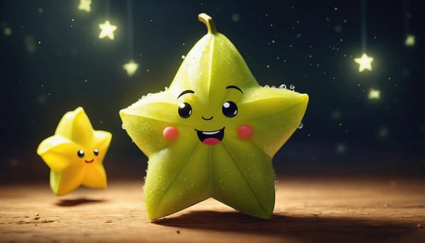 Two charming star fruits with smiling faces are positioned on a wooden surface. They are surrounded by twinkling stars in a playful, dark environment, creating a whimsical atmosphere.