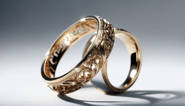 Beautifully crafted couple rings display detailed patterns on a smooth surface, illuminated by gentle lighting, creating a romantic atmosphere.