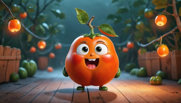 A cheerful orange character with a green leaf on its head stands in a lively orchard filled with glowing fruit. The setting is enchanting, creating a joyful atmosphere.