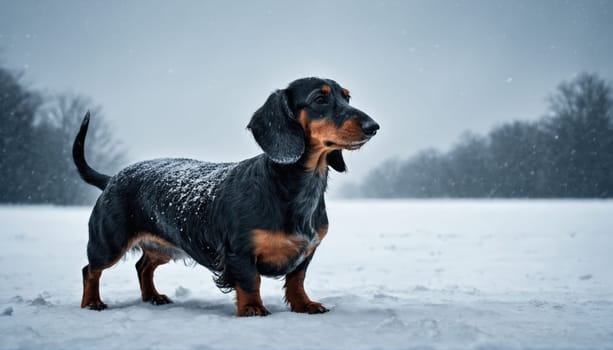 A black and tan dachshund stands on a snowy surface in a serene park, surrounded by trees, while delicate snowflakes fall softly around. It's a picturesque winter day.