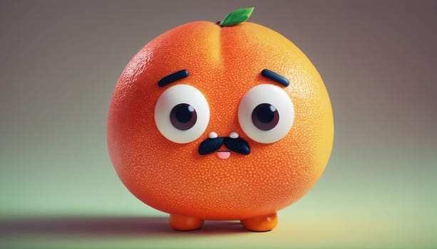 A whimsical orange character with large eyes and a mustache stands on a softly colored gradient background. This playful design exudes charm and creativity.