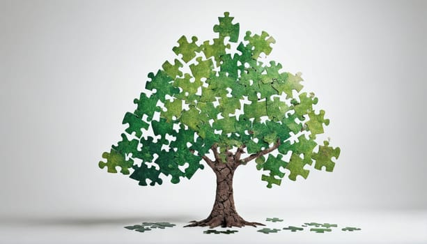 A tree structure formed entirely from interlocking green puzzle pieces stands against a plain background, symbolizing creativity and the connection between nature and design principles.