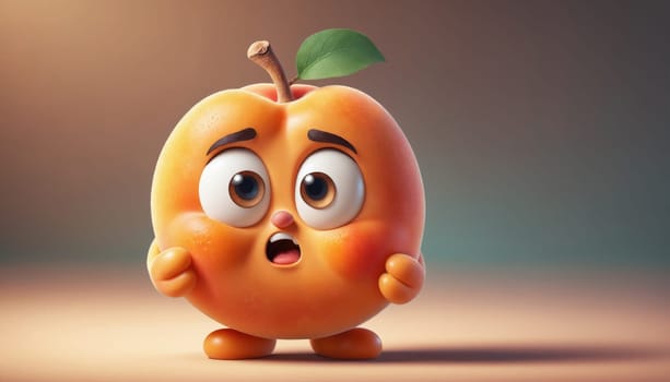 A cartoon orange character with big eyes and a surprised expression stands on a smooth surface. Its small arms and leaf add to the playful atmosphere.