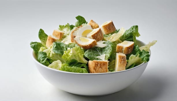 A vibrant salad featuring crisp romaine lettuce, golden breaded chicken pieces, and a soft-boiled egg sliced into halves, arranged attractively in a white bowl.