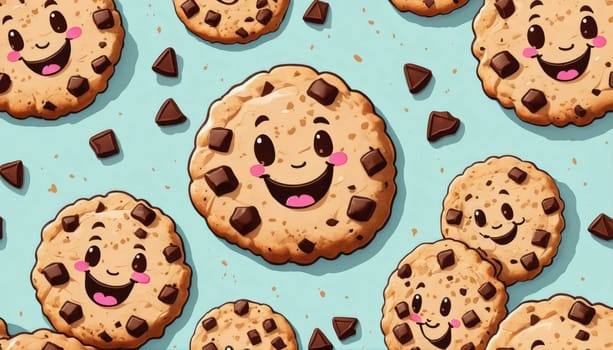 Adorable cartoon cookies with smiling faces and chocolate chips are spread across a vibrant blue background, evoking joy and sweetness in the design.