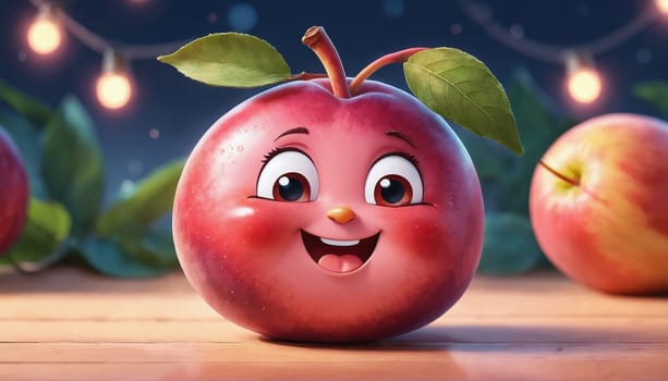 A cheerful animated apple character with a smiling face and rosy cheeks is surrounded by other apples and twinkling lights in a festive atmosphere.