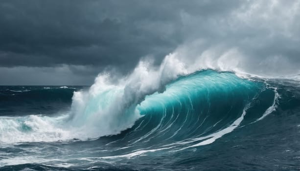 Turbulent dark clouds loom over the ocean as massive waves rise and crash against the shoreline, creating a striking display of nature's power during a stormy day.