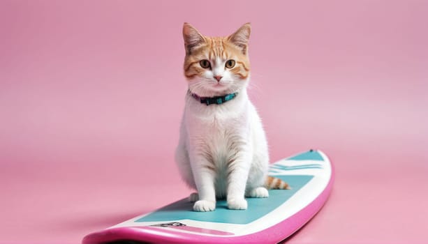 A cat sits confidently on a surfboard with a bright blue and pink design, surrounded by a soft pink backdrop, showcasing a charming and playful atmosphere.