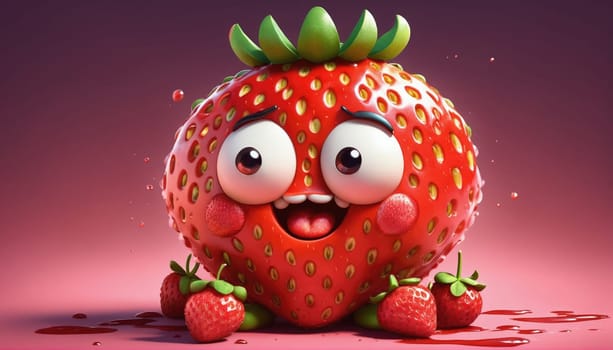 A cartoon-style strawberry character with a big smile and large eyes sits happily on a colorful surface. Smaller strawberries are scattered around, enhancing the playful atmosphere.