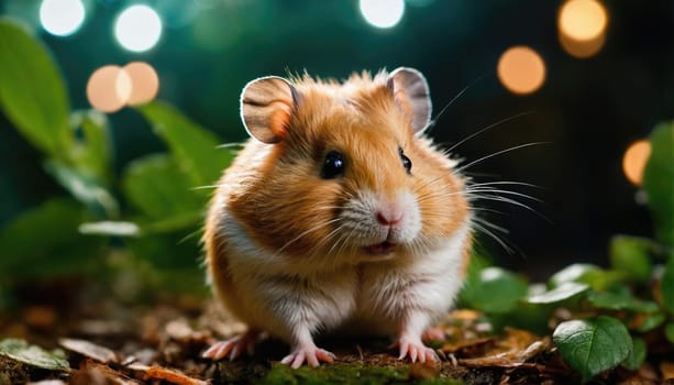 A golden hamster sits calmly on the ground surrounded by lush green leaves. Soft, warm lights twinkle in the background, creating a cozy nighttime atmosphere.