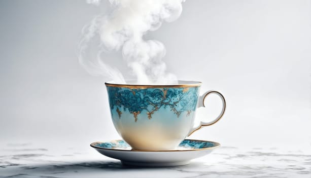 A delicate cup with a turquoise and gold design holds steaming tea on a white surface. The steam rises gracefully, creating a tranquil atmosphere perfect for relaxation.