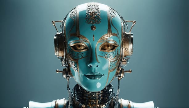 A sophisticated humanoid robot showcases a striking blue face with detailed metallic accents, positioned against a minimalist backdrop in a contemporary studio environment.