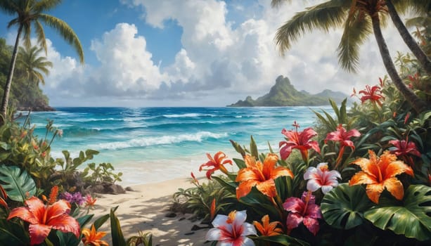 Lush tropical flowers bloom along a sandy beach, with gentle waves lapping at the shore. The vibrant colors contrast against a clear blue sky and distant mountains.