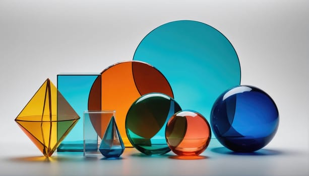 A collection of glass shapes in various colors and sizes is displayed on a light surface, highlighting their transparency and vibrant hues.
