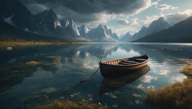 A wooden boat floats peacefully on a serene lake reflecting towering mountains. Dark clouds create an atmospheric backdrop, enriching the natural beauty of the scene.