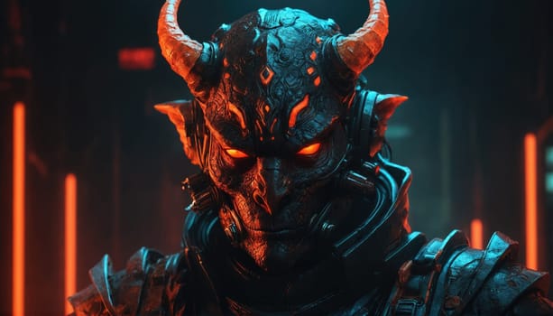 A menacing robot warrior adorns a high-tech armor with intricate designs, glowing red eyes, and sharp horns, set against a backdrop of vibrant neon lights in a futuristic environment.