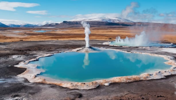 A geothermal area in Iceland features vibrant blue hot springs surrounded by steam from geysers. The stunning landscape highlights the unique geological activity in this region.