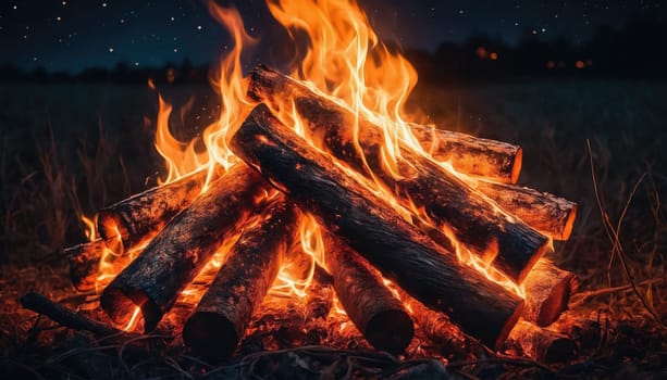 Flames dance around stacked logs, creating a warm glow in the dark. The fire crackles, illuminating the surroundings while stars twinkle above in the night sky.