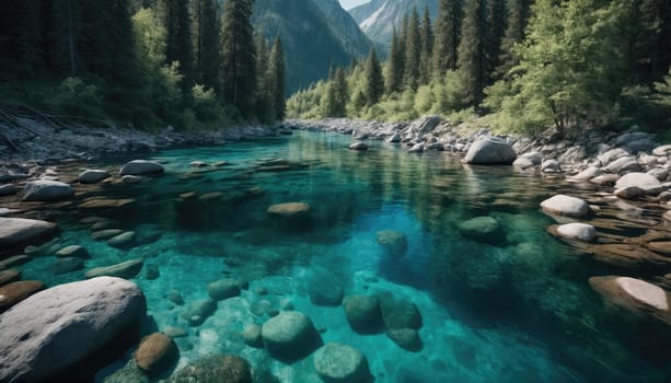 A tranquil river with clear turquoise water winds through a dense forest. Large stones are visible underwater, and tall mountains rise in the background under a bright sky.