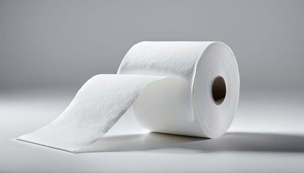 A large roll of pure white paper towels rests on a soft gray background. The towels cascade down, demonstrating their thickness and absorbency, perfect for various cleaning chores.