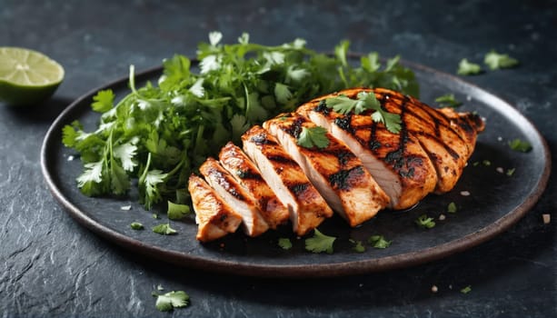 Succulent grilled chicken breast is sliced and placed on a dark plate, garnished with fresh cilantro and accompanied by a lime wedge. The setting features a rustic background.