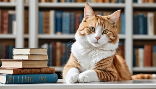 An orange tabby cat lounging on a table near stacks of books in a library. The atmosphere is calm, illuminated by natural light, inviting readers and cat lovers alike.