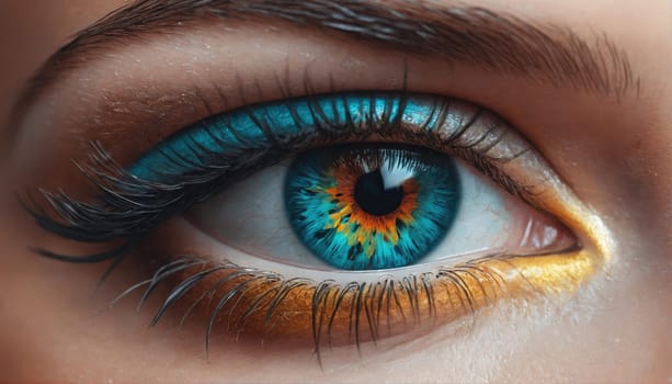 A striking close-up reveals an eye with brilliant blue and orange hues. The artistic makeup enhances the bold colors, highlighting natural beauty and creativity.