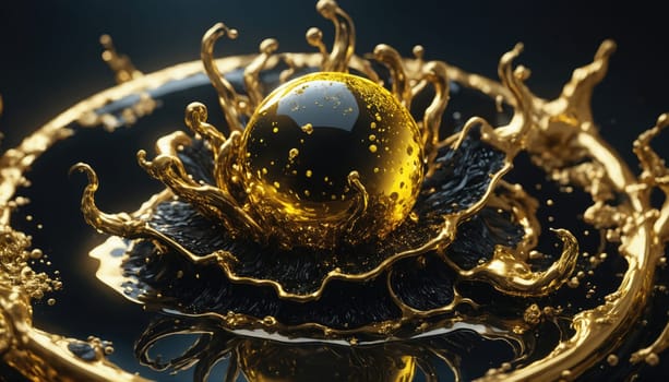 A visually striking splash of golden liquid surrounds a glossy orb, creating a captivating contrast against the dark backdrop. Intricate patterns emerge from the dynamic motion of the liquid.