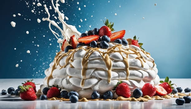A stunning dessert centerpiece made of soft meringue topped with fresh strawberries and blueberries. Cream splashes artistically from the top, enhancing the visual appeal.