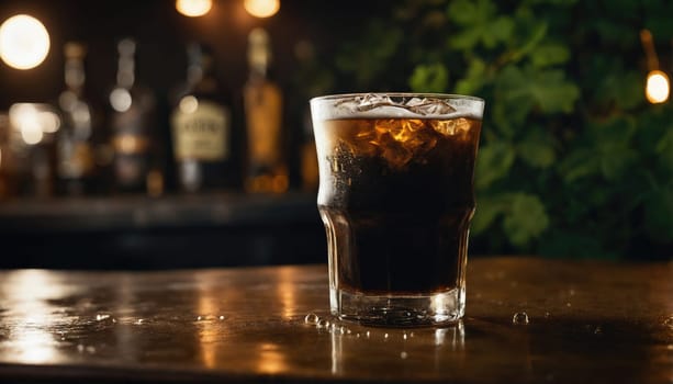 A cocktail glass filled with dark liquid and ice sits on a wooden bar top. Dim lights and liquor bottles create an inviting atmosphere for relaxation and enjoyment.