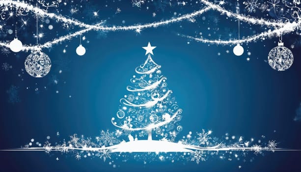 A decorated Christmas tree stands prominently against a blue background, adorned with sparkling ornaments and delicate snowflakes. The festive atmosphere captures the spirit of the season.
