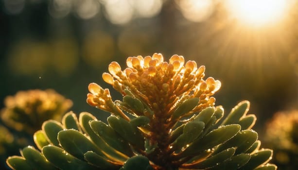 A succulent plant with lush green leaves and bright yellow flower buds basks in the warm glow of the golden hour, showcasing nature's beauty and serenity.